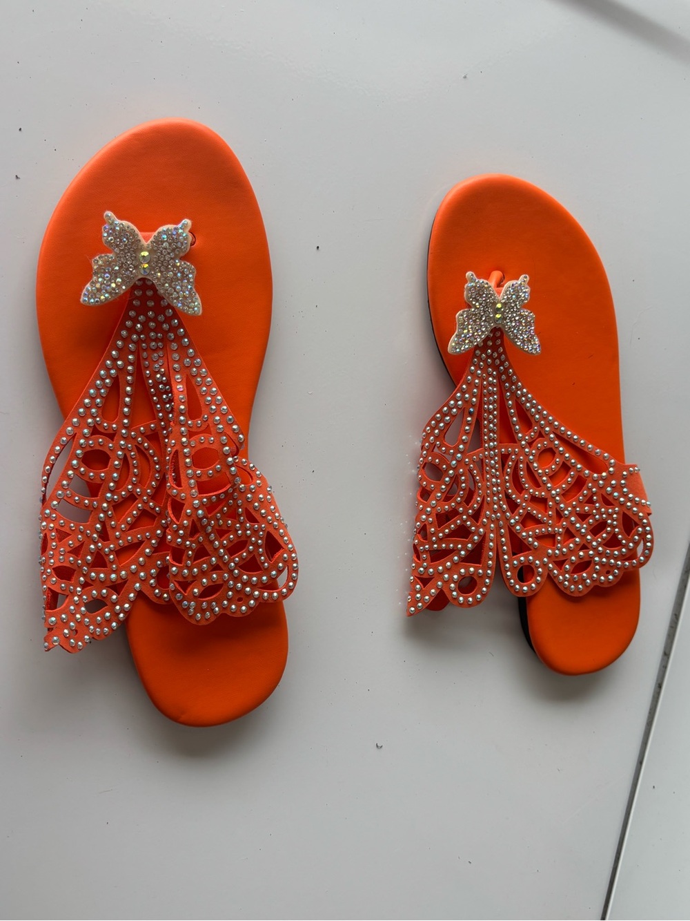 Embellished Orange Butterfly Toe-Post Sandals